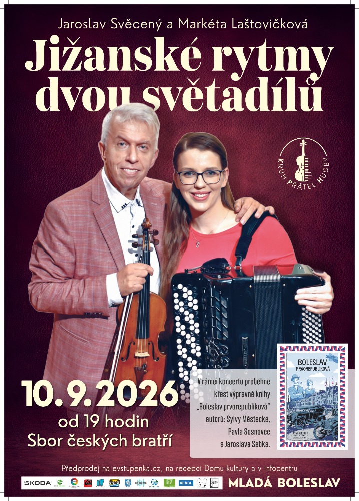 Czech violin virtuoso Mr. Jaroslav Svěcený invites you via video to a concert in Mladá Boleslav, which will take place on September 10, 2026, in the hall of the Unity of the Czech Brethren (Sbor českých bratří). The evening will also include the launch of a book on the city's history.